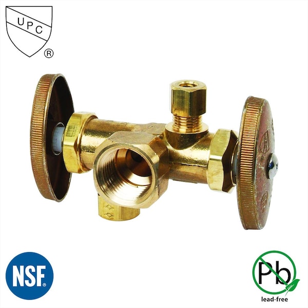 Thrifco Plumbing 1/2 Inch FIP x 3/8 Inch Comp x 1/4 Inch Comp Dual Outlet & Dual Shut Off Multi-Turn Angle Stop Valve 4405680 - main